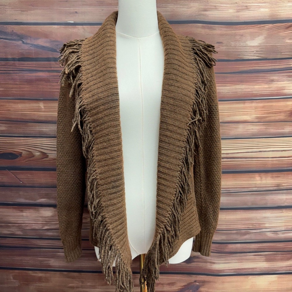 Lauren Ralph Lauren Brown Fringe Open Front Cardigan Lambswool Blend XS